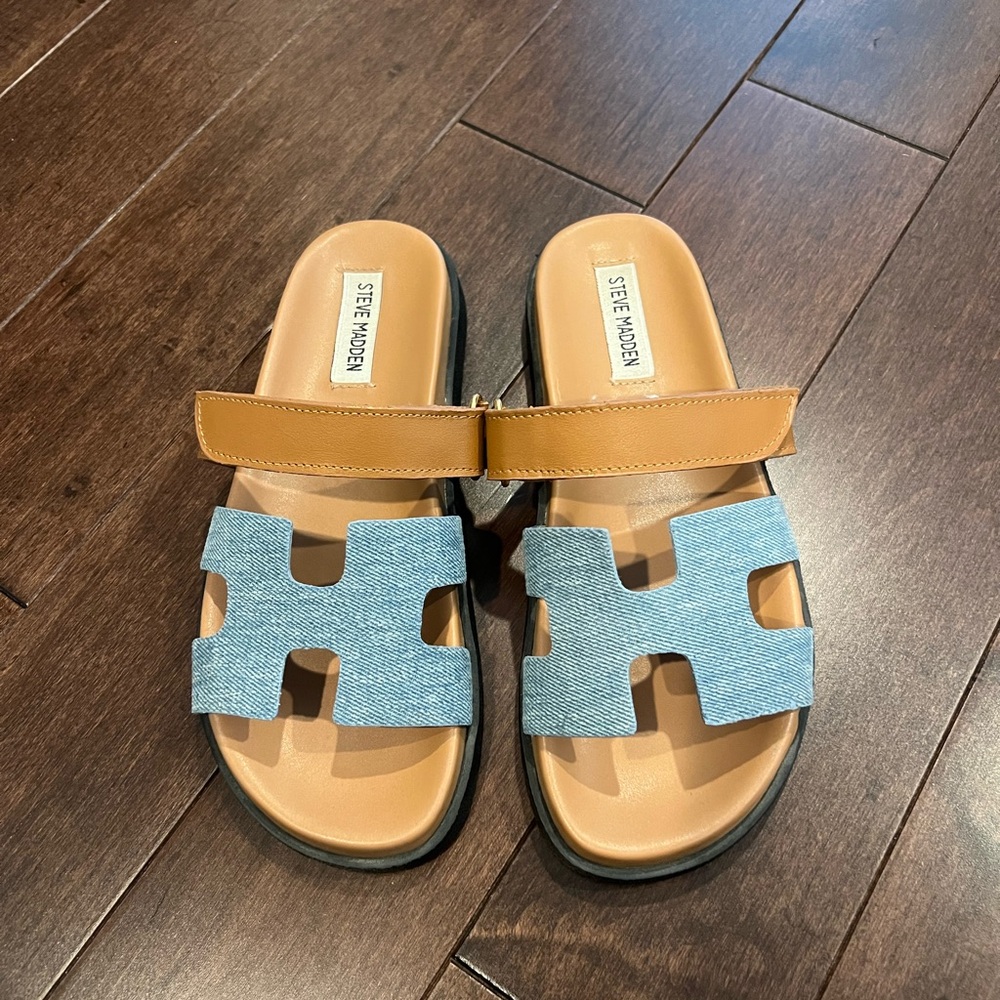 Steve Madden Women’s Denim Blue and Tan Sandals